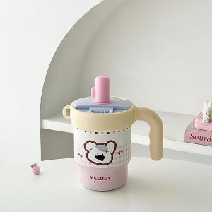 High Aesthetic Appeal Stainless Steel Insulated Cup With Handle and Straw Cute Bear Design