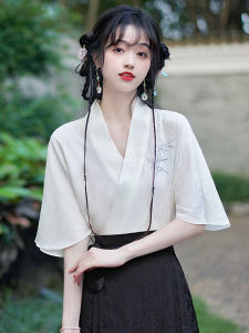 Loose Fit V-Neck Short Sleeve Shirt for Women with Embroidery Retro Style Casual Work Clothing Suitable for Summer