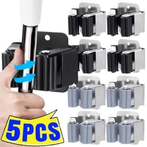 5Pcs Wall Drilling Mop Holder Clips with Screws / Stainless Steel Mop Broom Holder / Toilet Garage Organizer Shelf Rack