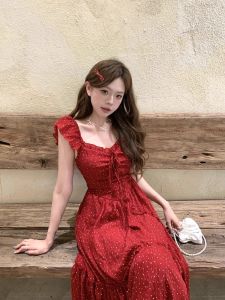French Style Off-Shoulder Red Backless Summer Dress Womens Beach Vacation Waist-Cinching Long Dress Elegant A-Line Skirt