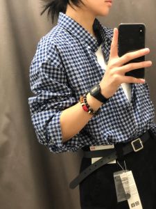 Spring Autumn New Style Hong Kong Retro Blue Plaid Casual Loose BF Style Layered Shirt Versatile Top Coat for Women