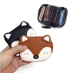 First Layer Cowhide Little Fox Card Holder Zipper Drivers License Storage Card Holder