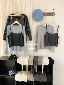 Color Block Long Sleeve Knitted Set for Women Autumn Season Layering Tank Top Inner Shirt Two Piece Set Vintage Style Loose Fit