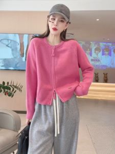Dopamine Pink Zipper Knitted Open Cardigan Womens Style 2025 New Autumn Winter High-End Sweater Jacket Top Casual Loose Fit