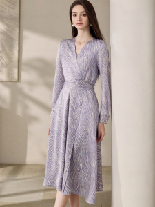 Roey s house | Elegant Purple Textured Floral V-Neck Slim Waist Dress Spring