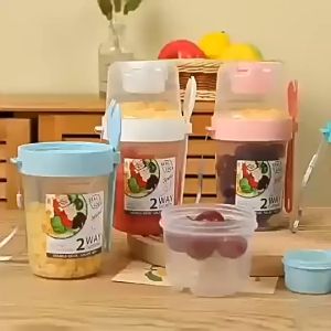 Portable Salad Cup Double Oatmeal Cup Yogurt Nut Fat-Reduced Vegetable Fruit Box Cup with Lid Spoon Breakfast Cup Lunch Box Food Mugs