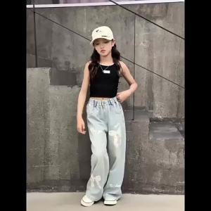 New Jeans for Kids Girls 5-16years old Straight Leg Cut Jeans Loose Pants for Teens Girls Fashion Denim Baggy Jeans Printed Jeans Wide Leg Trousers Summer Trend Jeans Bow Design