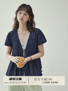 North Island AMUU Pure Cotton Shirt Womens Summer New Style Floral Edge Short Sleeve V-neck Design Sense Knot Design Top