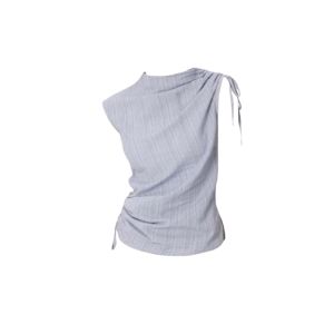 YUEZHONGWEI | French Sweet Blue Striped Drawstring Shirt Women Summer Design Slim Fit Sleeveless Top Korean Style Commute Pure Color Print