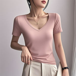 New 2025 Womens Modal Ice Silk V-neck T-shirt Thin Breathable Half Sleeve Shoulder Mask Commute Korean Style Summer Top