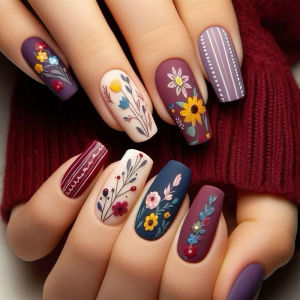 96/24-piece ballet coffin press-on nail set mixed red shades. Medium length glossy finish featuring floral and heart patterns