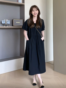 Elegant Hepburn Style Midi Dress Womens Summer 2025 New Slimming A-Line Black Dress Casual round Neck Short Sleeve Gown