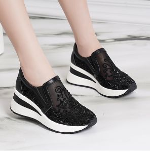 Baili Pure Love Spring New Arrival Genuine Leather Embroidered Wedge Shoes Womens Mesh Breathable Rhinestone Casual Womens Shoes