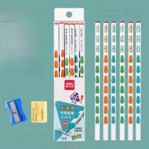 Deli Holes Pencil for Primary School Students Kindergarten Triangle Pen Rod Correct Grip Posture Practice Writing Pencil Engraving Name Children Stationery