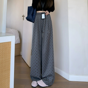 Deep Grey Fleece Wide Leg High Waist Heart Shaped Slim Straight Casual Pants Womens Spring Summer Floor Length Knitted Trousers