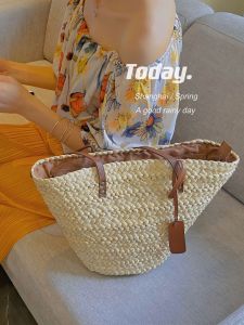 French Shoulder Large Capacity Corn Husk Woven Straw Bag Summer Satchel Vegetable Basket Seaside Vacation Beach Bag Women