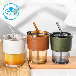 Ly Thuỷ Tinh Gorgous Bọc Da Cách Nhiệt 450Ml Có Nắp Đậy Kín Hơi Tặng Kèm Ống Hút Thuỷ Tinh Cao Cấp