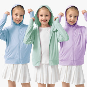 Rolanko Girls Summer Jacket with Thumbholes Long Sleeve Sun Protection Quick Dry Zipper Hoodie Kids Rash Guard Tops 5-12Years