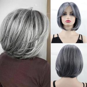 Grey Short Straight Hair Wig Sweet Cute Style Fiber Head Cover for Women Hair Extension Beautiful Hairdressing Front Bangs