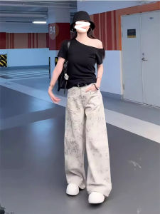 กางเกงยีนส์ทรงตรงเอวสูงสไตล์จีนใหม่สำหรับผู้หญิง กางเกงขายาวทรงหลวม ทรงสลิมฟิต ทรงลำลอง ฤดูร้อน 2025