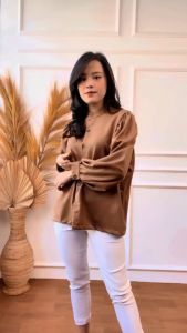 Mihar store / COD 11795 - Kemeja wanita kerah shanghai lengan panjang balon polos / Atasan cewek casual polos tangan balon casual simpel kerja terbaru korean style