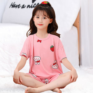 Girls Summer Ice Silk Sleepwear Short Sleeve Pajamas Set Childrens Home Clothes Breathable Moisture Wicking Antibacterial