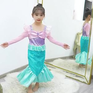 Mermaid Princess Dress for Girls Long Sleeve Sequins Mermaid Tail Costume Kids Halloween Carnival Birthday Party Fancy Dress Up