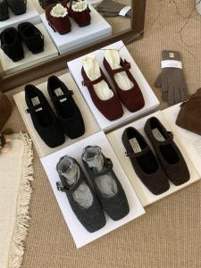 Giày Đế Bằng Lông Cừu Màu Xám Mùa Thu Đông Cho Nữ Giày Mary Jane Kiểu Pháp Giày Đơn Đế Bằng Lót Lông Cừu Ấm Áp