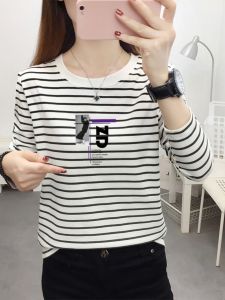 Womens Loose Fit Long Sleeve T-Shirt Pure Cotton Striped Base Layer Shirt Spring Autumn plus Size Printed Slimming Versatile Trendy Top