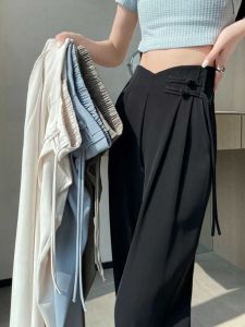 Womens Summer Ice Silk Wide-Leg Pants High Waist New Chinese Thin Suit Pants Drape Chiffon Casual Straight Pants