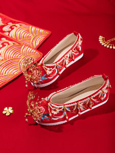 Lanyue Yuyu Wedding Shoes Embroidered Chinese Style Womens Footwear High Insole Pearl Pendant Show Heel round Toe PVC Outsole