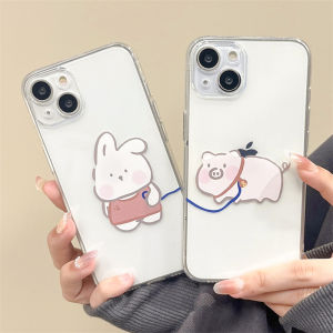 Cute Couple Rabbit Pig Silicone Phone Case Transparent Anti-Fall Protection for 13 pro Max 12 11 XR 16 Creative 8 plus 7 Soft Shell