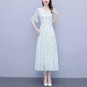Váy Dài Xếp Ly Chiffon Mùa Hè Mới 2025 Cạp Cao Che Bụng Váy Dài Đến Đầu Gối Thanh Lịch Cho Phụ Nữ Ngoại Cỡ