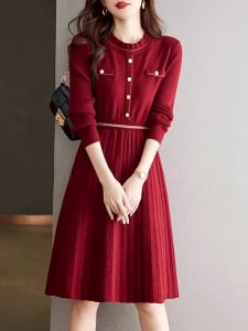 ชุดเดรสยาวปานกลางถักคอปกสีพื้นสำหรับผู้หญิง ฤดูใบไม้ร่วง 2025 กระโปรงทรงเอเอวสูง แขนยาว คอปก ชุดเดรสแฟชั่นสตรี