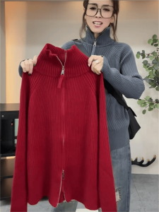 European Goods 2024 Fall and Winter New Arrival Double Zipper Turtleneck Sweater Female All-Matching Lazy Style Knitting Cardigan Outerwear Top Tide