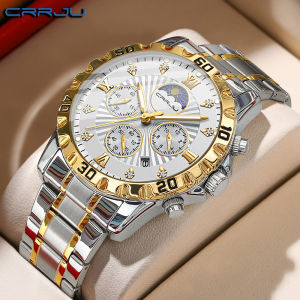 CRRJU นาฬิกาผู้ชายคลาสสิก Fltwheel Chronograph Original นาฬิกาข้อมือควอตซ์ Moon Phase 24 ชั่วโมงกันน้ํา reloj