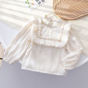 Fashionable Girls Shirt Spring Autumn Base Layer Baby Korean Style Polyester Long Sleeve Stand Collar Straight Cut Regular Thickness