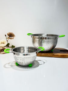 ถ้วยกรองน้ำสแตนเลส 18/10 สองหู ถ้วยล้างผักและผลไม้ในครัว เครื่องครัวสไตล์เกาหลี ถ้วยกรองน้ำแบบเปิดโล่ง