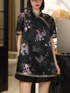 New Summer 2025 Chinese National Style Womens Small Shirt Retro Print Asymmetrical Hem Short Sleeve Mid-Length Open Split Top