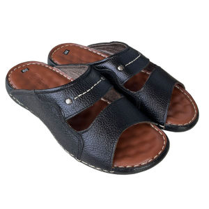 Dép nam quai ngang da bò cao 2cm Trường Hải màu đen may viền DN155