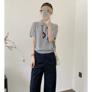 YUEZHONGWEI | เสื้อยืดคอกลมแขนสั้นผ้าไหมสีเทาสไตล์ฝรั่งเศสสำหรับผู้หญิงในฤดูร้อน เสื้อโปโลทรงสลิมฟิต แขนสั้น ผูกโบว์ ทรงหลวม สไตล์เกาหลี