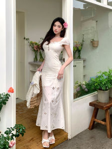 พลัสไซส์ ฝรั่งเศส ปกเสื้อ แขนฟอง เดรส ผู้หญิง ฤดูใบไม้ผลิ ฤดูร้อน Pure Desire ดีไซน์ Hollow Out เดรสรัดรูป Long Midi เดรส