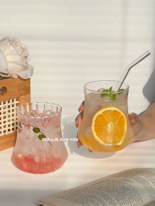 Large Capacity Drum Shaped Coffee Cup Lemon Tea Cup Bubble Water Cup Juice Glass Cup Simple Ins Style Transparent Glass Cup