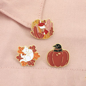 Cute Thanksgiving Animals Enamel Pins Cartoon Cat Autumn Fox Mystical Crows Pumpkin Brooch Lapel Badge Jewelry Gifts for Friends