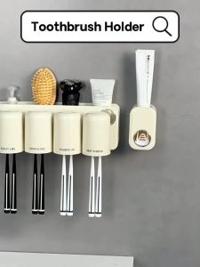 Ready Stock Drill-Free Wall Mounted Toothbrush Holder Traceless Punch-Free Automatic Toothpaste Squeezer Dispenser Hangable Mouthwash Cup Durable Space Saving Storage Organizer Rack Multipurpose Use Modern Cheap Home Living Bathroom Toilet Anti Bacteria