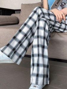 Quần Ống Rộng Kẻ Caro Thời Trang Thường Ngày Cho Nữ Quần Ống Rộng Cotton Nguyên Chất Cạp Cao Quần Ống Rộng Ống Rộng Mùa Thu