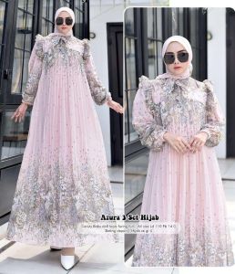 Azura Dress Set Hijab Segiempat Gamis Lebaran 2025 Terbaru Motif Bunga