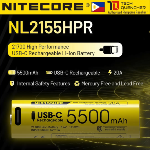 Nitecore NL2155HPR 5500mAh Battery - 20A - 21700 High Performance USB-C Rechargeable Li-ion Battery