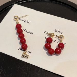 Fashionable Red Beads Front And Back Wearing Earrings New Year Simple Retro High-End Sensation Korean Style Alloy Ear Studs