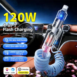 4 in 1 120W Fast Charging Cable with LED Light Spring Retractable USB Type C to Type C Data PD Cable For iPhone 17 Samsung Laptops